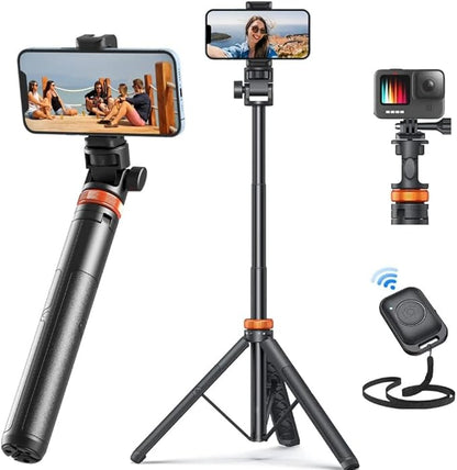 62" Phone Tripod  Selfie Stick, Tripod for Phone with Remote, All-in-1 Cell Phone Stand, Portable, Lightweight Extendable for Selfies Video Recording Vlog, Compatible with iPhone Android