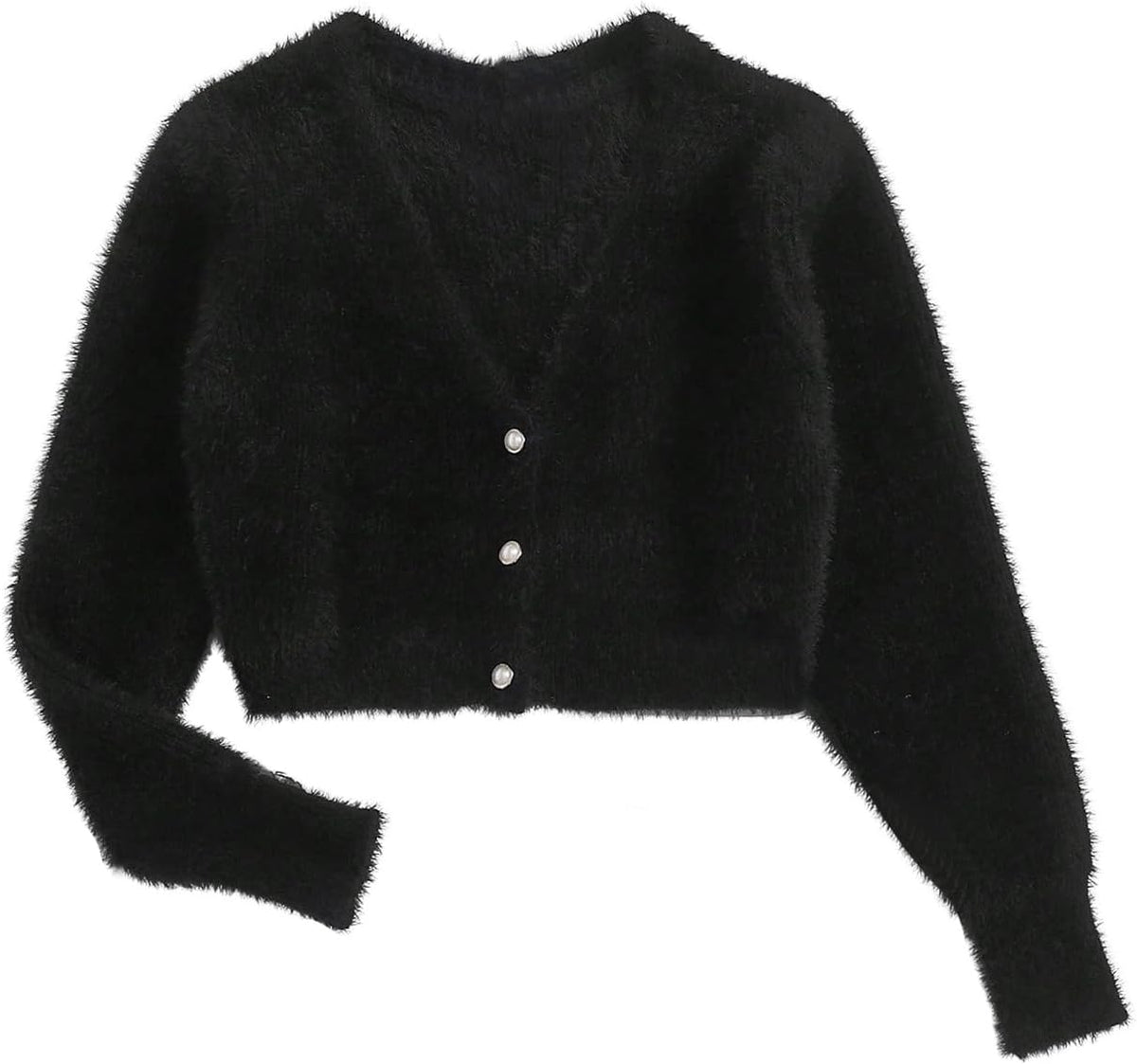 Women's Fuzzy Crop Sweater Cardigan 2025 Winter Holiday Outfits Chunky Pearl Button Down Long Sleeve Cardigan
