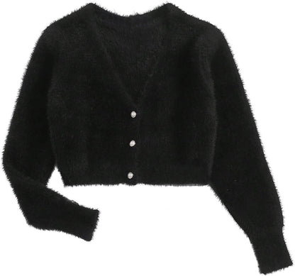 Women's Fuzzy Crop Sweater Cardigan 2025 Winter Holiday Outfits Chunky Pearl Button Down Long Sleeve Cardigan