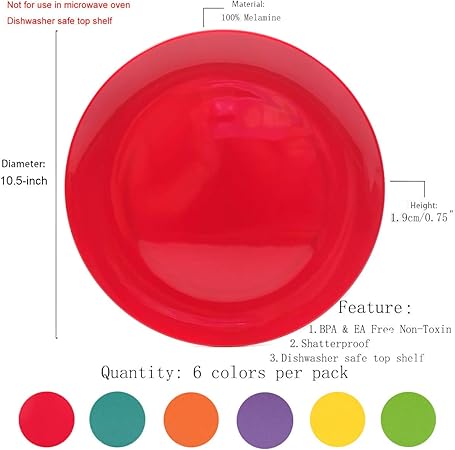 KOXIN-KARLU Melamine Plates, 10.5-inch Dinner Plates Dinnerware Dish, set of 6 in 6 Assorted Colors  100 Melamine, Dishwasher Safe, BPA Free