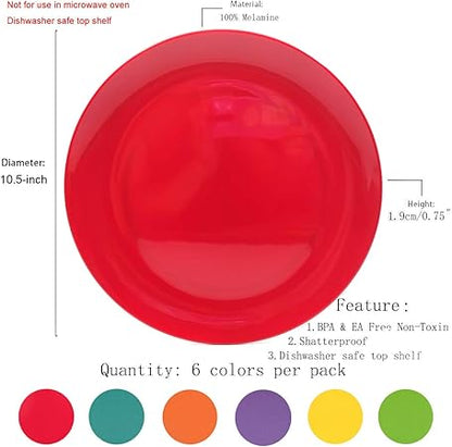 KOXIN-KARLU Melamine Plates, 10.5-inch Dinner Plates Dinnerware Dish, set of 6 in 6 Assorted Colors  100 Melamine, Dishwasher Safe, BPA Free