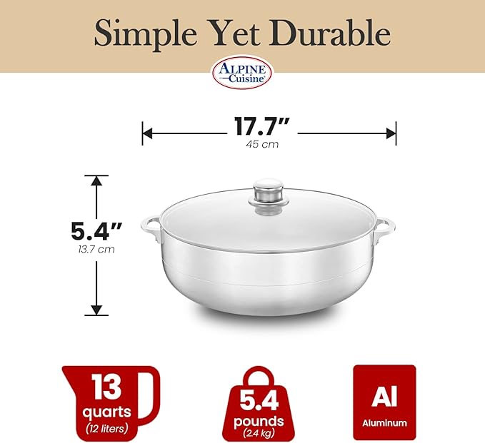 Alpine Cuisine 13 quart aluminum cauldron pot with glass lid, Dutch oven performance for even heat distribution, perfect for serving large and small groups,