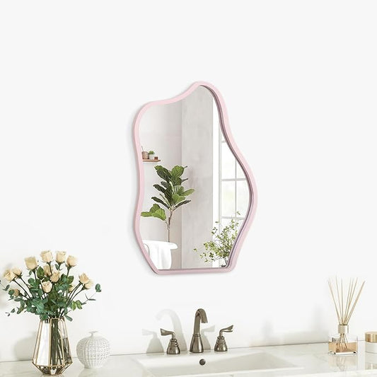 Mirrors for Wall Asymmetrical Wood Frame Cloud Hanging Mirror Unique Irregular Modern Mirror for Living Room Bedroom Vanity Entryway Hallway Decorative Artistic Wall Mirror Pink