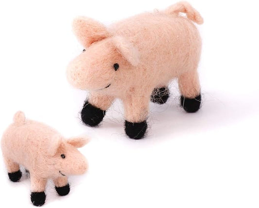 B & D Needle Felt Animal, Needle Wool Domestic Fowl Ornament,White Rooster, Horse, Sheep, Pink Pig, Cow, and Dog, Set of 6 Pieces