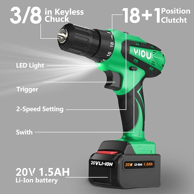YIOU 20V MAX Cordless Drill, 181 Clutch, 2-Speed, 38" Chuck, 23PCS Drill Set, Battery Charger, Green, Home DIY Projects