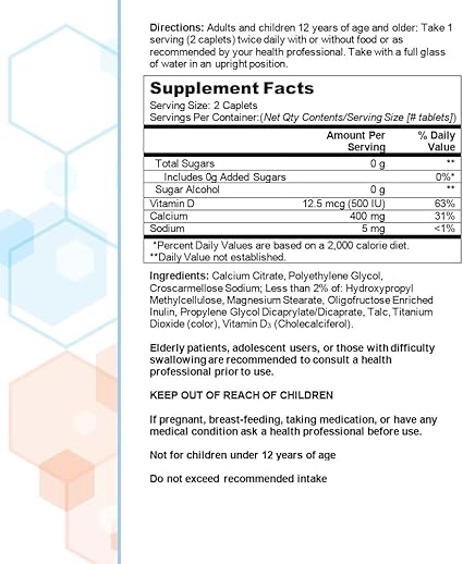 Citracal Petites, 400 mg Calcium Citrate, Easily Absorbed and Highly Soluble with 12.5 mcg (500 IU) Vitamin D3, Bone Health Support for Ages 12, Smaller and Easier to Swallow Caplets, 200 Count