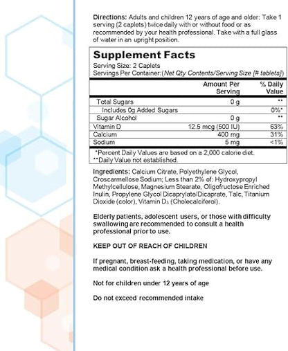 Citracal Petites, 400 mg Calcium Citrate, Easily Absorbed and Highly Soluble with 12.5 mcg (500 IU) Vitamin D3, Bone Health Support for Ages 12, Smaller and Easier to Swallow Caplets, 200 Count