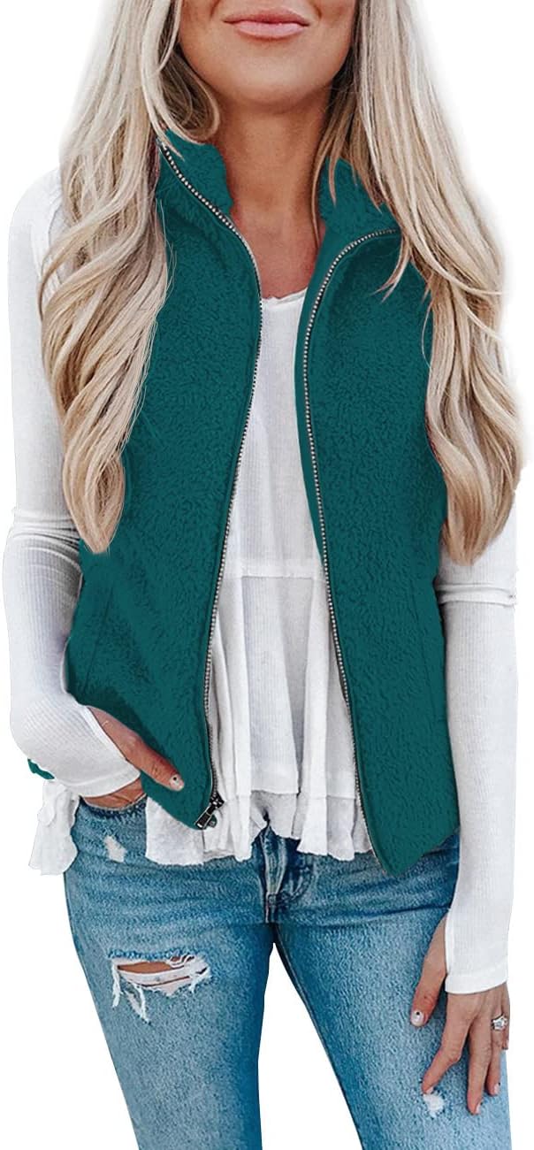 LOMON Womens Fuzzy Sherpa Fleece Jacket Lightweight Vest Cozy Sleeveless Cardigan Zipper Waistcoat Outerwear with Pocket