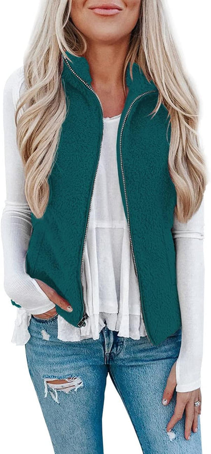 LOMON Womens Fuzzy Sherpa Fleece Jacket Lightweight Vest Cozy Sleeveless Cardigan Zipper Waistcoat Outerwear with Pocket
