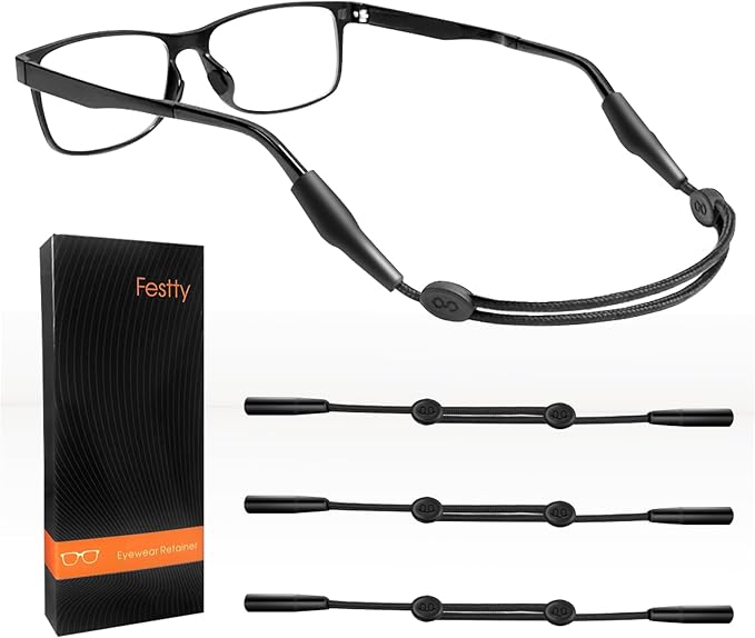 Festty Glasses Strap Sports, 3 pcs, for Kids Women Men, Adjustable, Black No Tail,Non-slip Eyeglasses Strap, Sunglasses Lanyard String Chain, Reading Eye Glasses Holders Around Neck, Eyewear Retainer