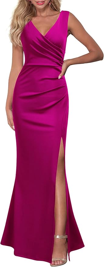 WOOSEA Women Sleeveless V Neck Split Evening Cocktail Long Dress