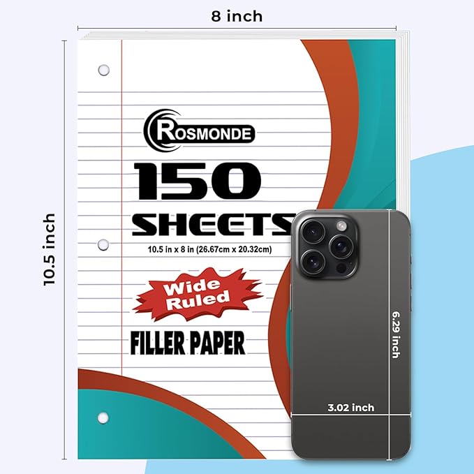 Loose Leaf Paper, 450 Sheets, 3 Pack, 56 gsm Wide Ruled Sheets, 8" x 10.5", Bulk Notebook Paper, 3 Hole Punched, 150 Sheets/Pack, Wide Ruled Paper for Binders, Loose Leaf Office Paper, White