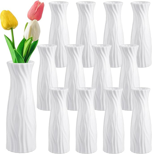 Hoolerry 12 Pcs White Flower Vases Bulk for Centerpieces Plastic White Bud Vase for Flowers Ceramic Look Flower Vase Decorative Tall Unbreakable Vase for Flowers Home Office Table(Elegant Style)