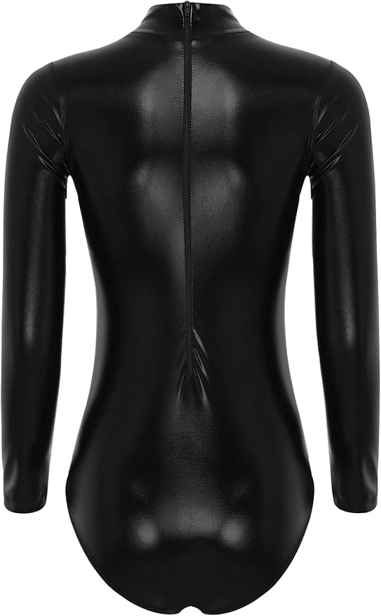 YiZYiF Womens Shiny Mock Neck Sleeveless Back Zipper Jumpsuit Gymnastic Leotard Lingerie Bodysuit