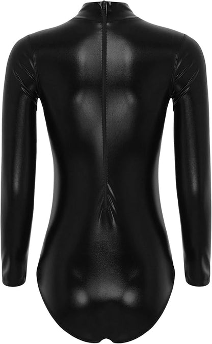 YiZYiF Womens Shiny Mock Neck Sleeveless Back Zipper Jumpsuit Gymnastic Leotard Lingerie Bodysuit