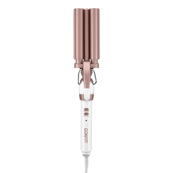 Conair Double Ceramic 3 Barrel Curling Iron, Hair Waver, Create Beachy Waves, Long-Lasting Natural Tight Waves for all Hair Lengths, White  Rose Gold