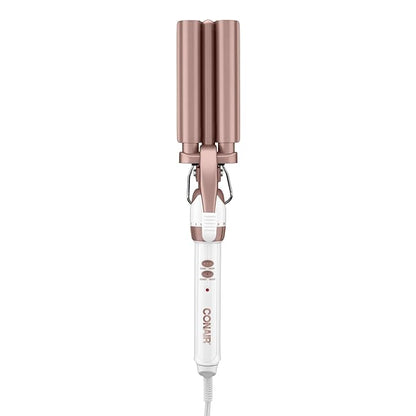 Conair Double Ceramic 3 Barrel Curling Iron, Hair Waver, Create Beachy Waves, Long-Lasting Natural Tight Waves for all Hair Lengths, White  Rose Gold