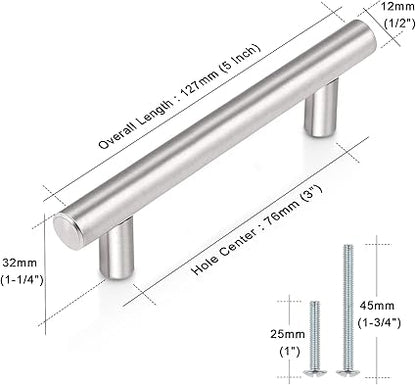 Probrico 5 Pack 5 Inch Cabinet Handles Brushed Nickel, Satinless Steel Cabinet Pulls for Kitchen Cupboard, T Bar Drawer Handles Dresser Pulls, 3 Inch Hole Centers, 5 Inch Length