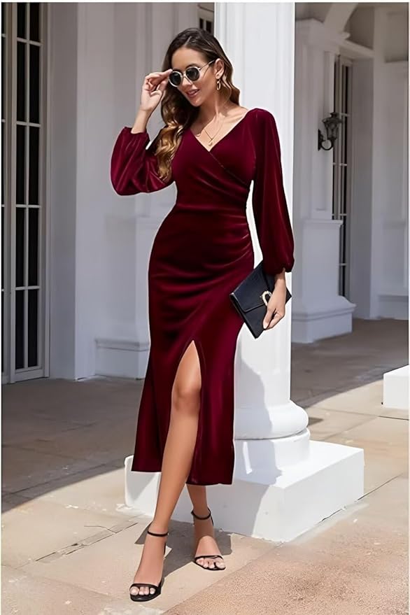 Womens Wrap Neck Velvet Dresses Long Sleeves Mermaid Prom Party Gowns Zipper Split Formal Work Dresses