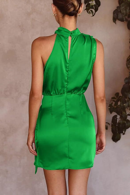 PRETTYGARDEN Women's Short Formal Satin Dress Summer Sleeveless Mock Neck Tie Waist Cocktail Party Dresses