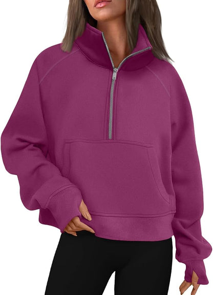 Half Zip Pullover Women Oversized Long Sleeve Cropped Sweatshirt Fleece Thumb Hole Cute Sweatshirts with Pockets