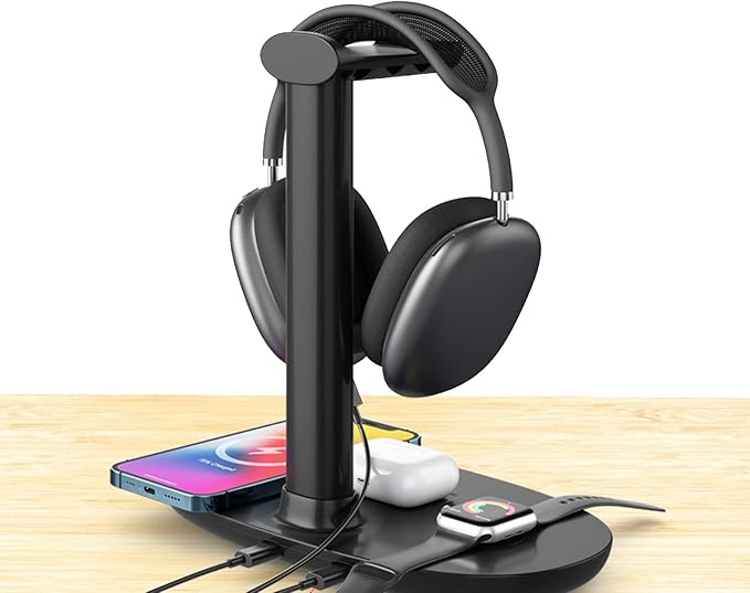 Wireless Charger Compatible,Detachable Design Headphone Stand,Stylish Appearance 4 in 1 Wireless Charger with Headphone Stand Headset Holder,for Mobile Phones Earphones Watches