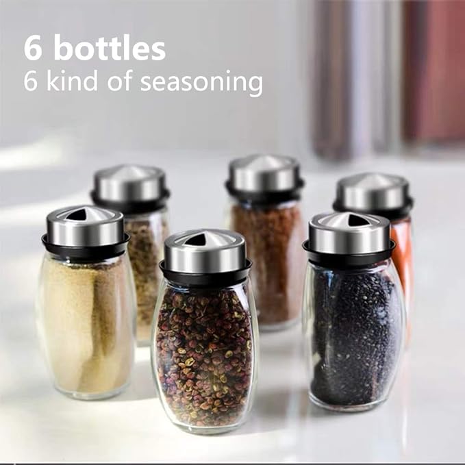 6-Jar Revolving Spice Rack Organizer Holder, Kitchen Countertop Seasoning Stand Organizer Include 6 Glass Jar Bottles, Great Gift For Chefs  Foodies (Spices Not Included)