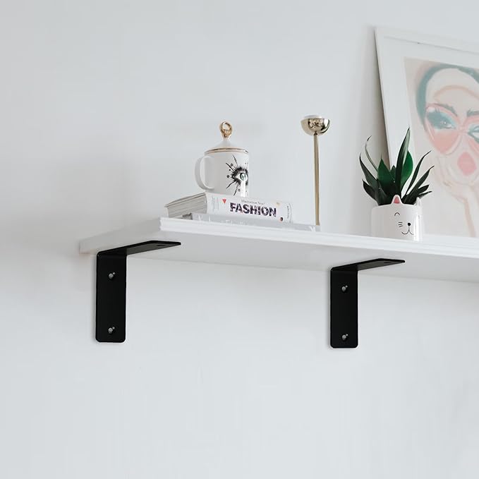 L Floating Shelf Brackets,4 Pack Heavy Duty L Brackets for Shelves, L 6" X H 4" Black Metal Countertop Support Brackets,Wall Mounting for Wood