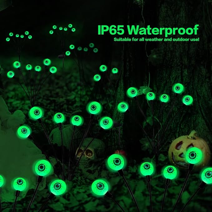 Halloween Decorations Outdoor Solar Scary Eyeball Lights,2PACKS 12LED Green Eyeball Swaying Firefly Lights,Waterproof Solar Halloween Path Lights for Yard Garden Lawn Party Decor