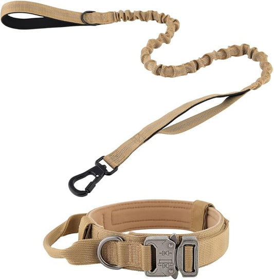 Tactical Dog Collar Adjustable Military Dog Collar Nylon Dog Collar with Control Handle Heavy Metal Buckle for Medium and Large Dogs with Airtags Case(XL, Brown-Set)