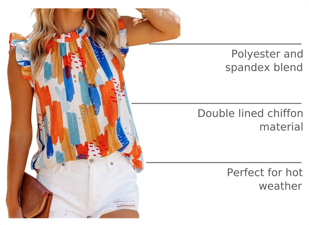 Allimy Women Summer Ruffle Trim Neckline Tank Tops Double Lined Chiffon Blouses