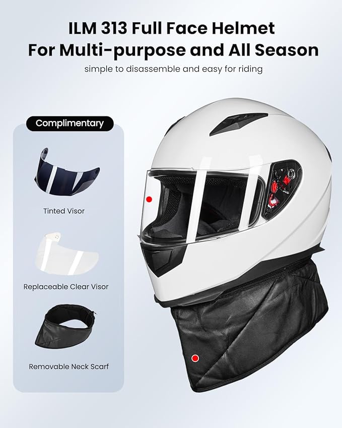 ILM Full Face Motorcycle Street Bike Helmet with Removable Winter Neck Scarf  2 Visors DOT Model-JK313