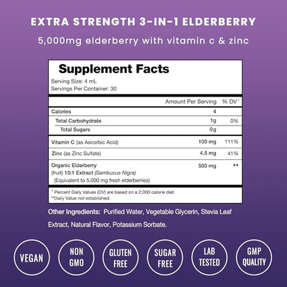NutraChamps Organic Elderberry Syrup - 5000mg Elderberry Extract with Vitamin C  Zinc - Black Elderberry Liquid Drops - Sugar-Free Immunity Booster, Vegan, Gluten-Free Elderberry Supplement