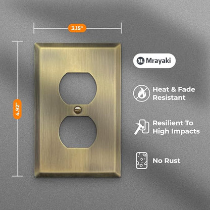 Wall Plate, Metal Duplex Outlet Covers, Light Switch Cover - Decorative Outlet Cover Plate Variety of 13 Styles: DecoratorDuplexToggleCombo, Antique Brass (Single Duplex 4 Pack)