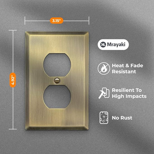 Wall Plate, Metal Duplex Outlet Covers, Light Switch Cover - Decorative Outlet Cover Plate Variety of 13 Styles: DecoratorDuplexToggleCombo, Antique Brass (Single Duplex 4 Pack)