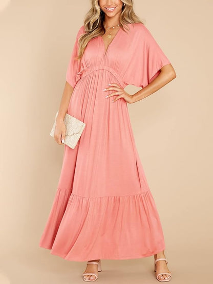 DEEP SELF Women’s Summer V Neck Batwing Short Sleeve Maxi Dress Casual Loose High Waist Flowy Long Beach Dress
