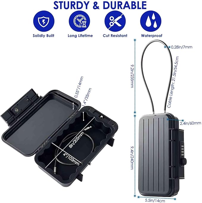 Portable Lock Box, 4-Digit Combination Safe Boxes with Detachable Cable, Anti-Theft Security Lockbox Outdoor, Small Resettable Personal Password Cash Case for Travel, Hotel, Dorm, Beach, Gym