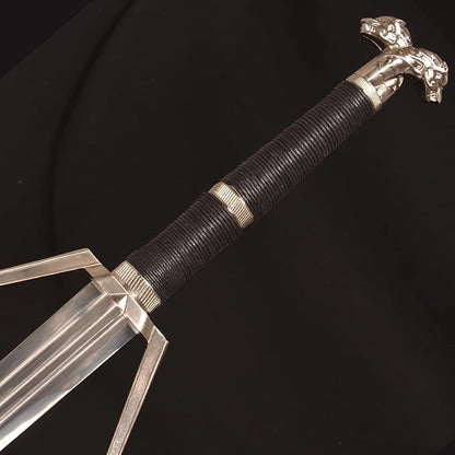Full Metal Geralt's Silver Steel Sword 125cm/48.8 inches, Runes Engraved on The Blade, Stainless Steel,White Wolf Sword,Aerondight Silver Sword Handmade Anime Cosplay Prop for Display and Collection
