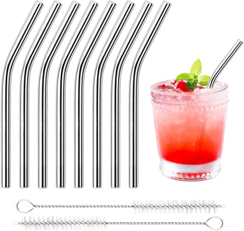 8 Pack 6 Inch Short Bent Metal Cocktails Straws, Reusable Stainless Steel Smoothie Drinking Straws with Cleaning Brush for Coffee Mugs, Small Glasses or Cups