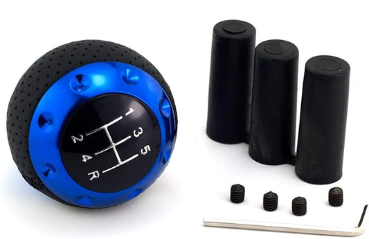 5 Speed Gear Shifter Knob, Leather Covered Aluminum Manual Car Stick Shift Handle Fit Most MT Transmissions, Blue