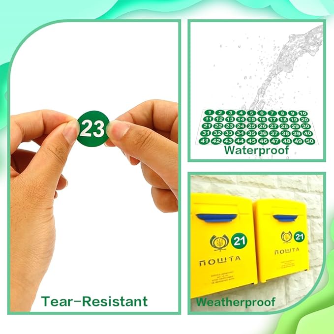 Number decals, consecutive number decals from 1 to 50, 10 sheets of round number labels, green vinyl small number decals for office, classroom, storage,