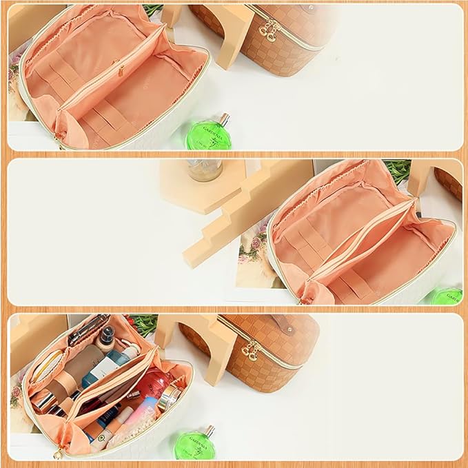 Cosmetic Bag PU leather Makeup Organizer for Women Large Capacity Water-resistant Make Up Bag With Handle and Divider Flat Lay travel cosmetic Pouch