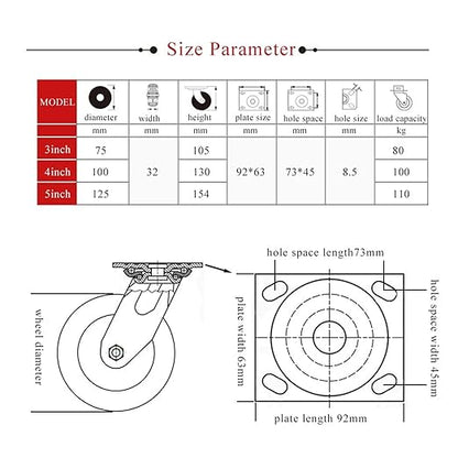 1PCS Casters Heavy Duty Furniture Rubber Swivel Mover Silent Shelves Wheelbarrow Trolley Hardware Transporter Tire Trolley(1pc Stem Brake Wheel,4 inch)