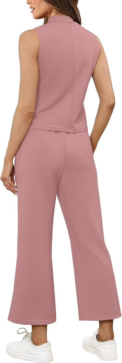 SAMPEEL Two Piece Sets for Women Summer Outfits Lounge Sets Mock Neck Tops Wide Leg Crop Pants Vacation Travel Outfits
