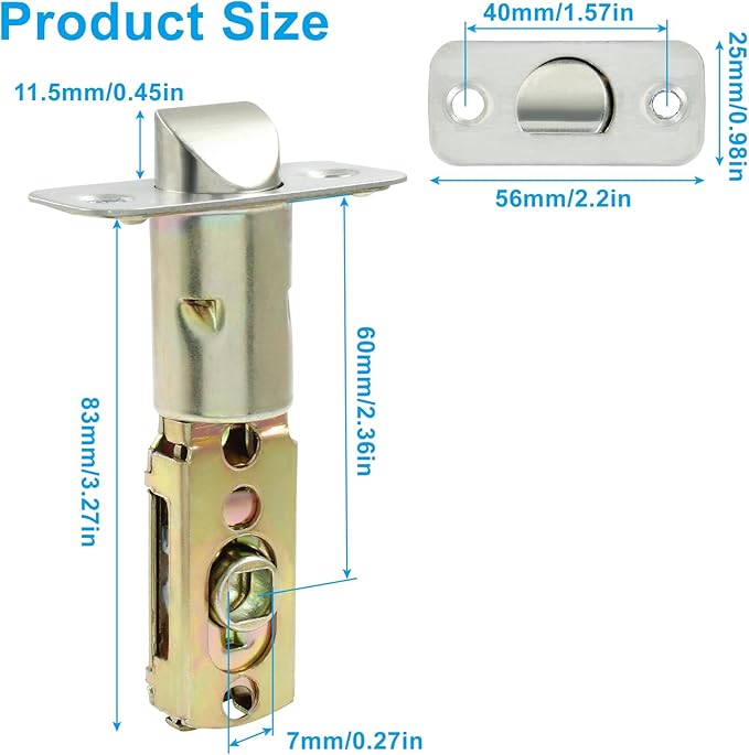 Tubular Mortice Latch, Passage Door Latch, Adjustable Square Latch Size 6070mm, Replacement Entry Latch for Lever Door Handles, Internal Door Handles
