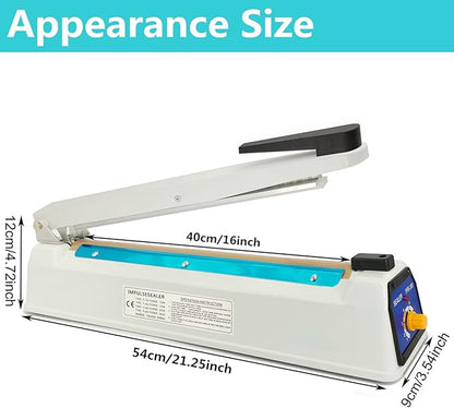 Impulse Sealer 16 Inch Heat Sealer Mylar Bag Sealer Machine, Manual Poly Plastic Bag Sealer Heat Seal with 4 Replacement Elements Parts(2 Cutting Lines Included)