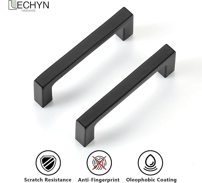 Matte Black Kitchen Cabinet Pull, 2 Pack 3 Inch(76MM) Hole Center, Modern Square Flat Hardware Handle and Knob for Cabinet Door Drawer Cupboard Wardrobe Bathroom Furniture Dresser
