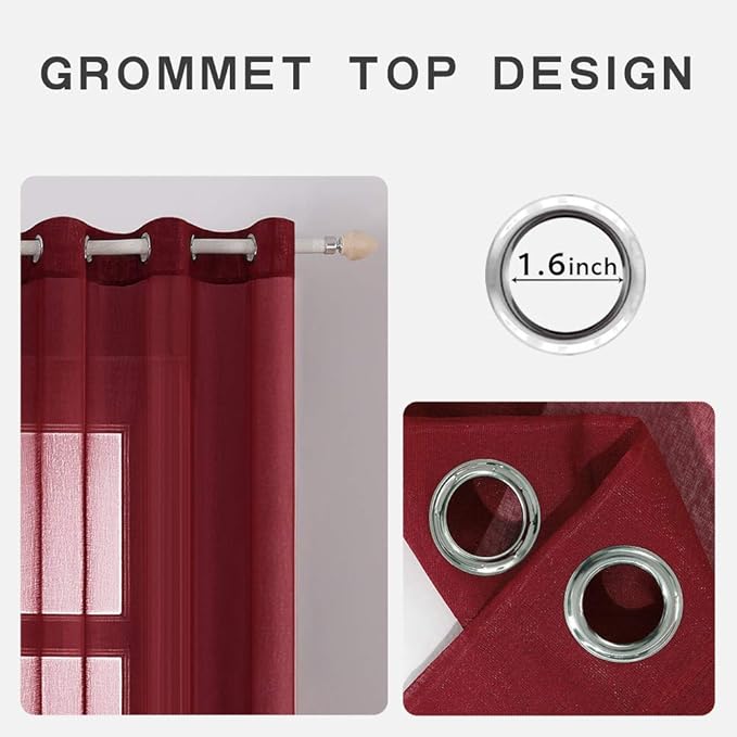 MIULEE 2 Panels Burgundy Red Semi Sheer Window Curtains Elegant Christmas Decor Grommet Top Voile Drapes Window Treatment Linen Textured Panels for Bedroom Living Room (54X84 inch Length)