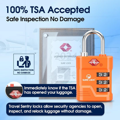 SURE LOCK TSA Approved Luggage Lock – 3-Digit Resettable Combination Padlock with Open Alert Red Dot, Large Easy-Read Dials for Suitcases, Backpacks, Gym & School Lockers(Orange 4 pk)