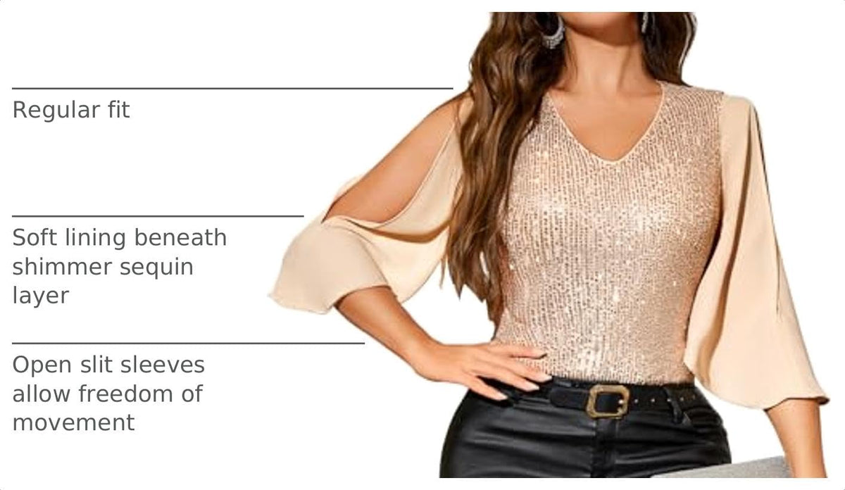 Dressystar Elegant Sequin Tops for Women, V-Neck Long Split Sleeve Blouses for Evening Party, Dressy and Sparkly Bling Shirt